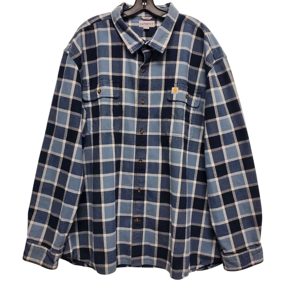 CARHARTT Shirt Mens 4XL Blue White Flannel Windowpane Plaid Original Fit Heavy